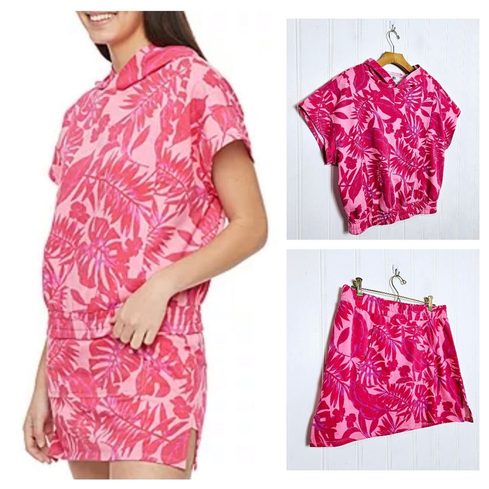 Juicy Couture Set M/L Tropical Floral Hoodie Skort French Terry Y2K Hot Pink 2PC